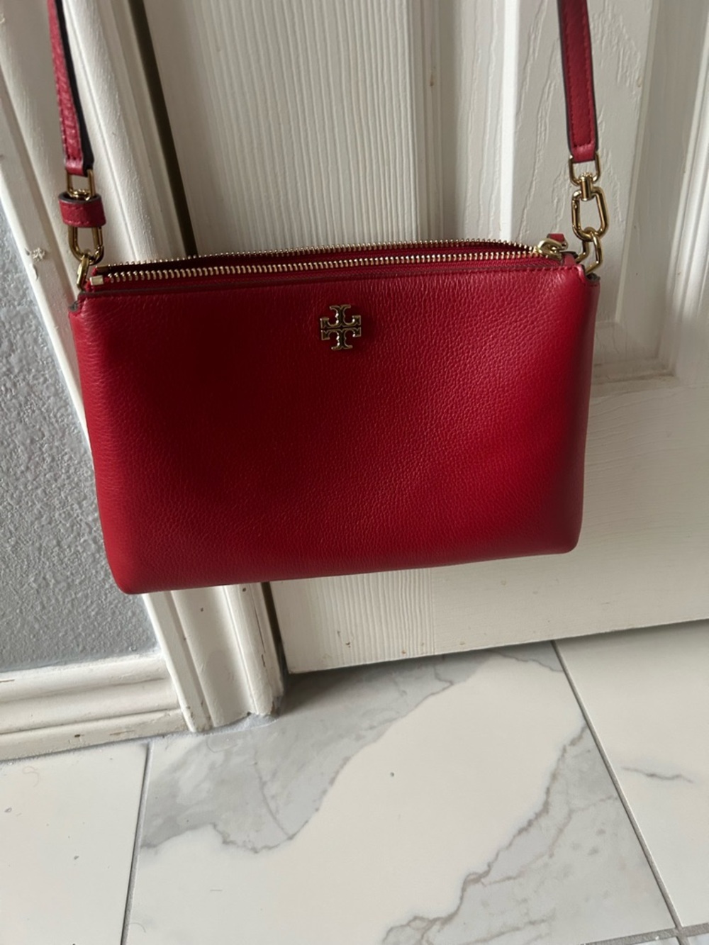 Tory Burch Raspberry Pebbled Leather Double-Zip Crossbody with Gold Hardware